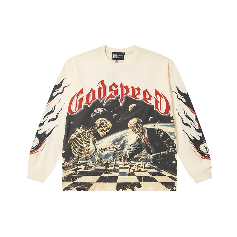 

Новые топы Godspeed с длинными рукавами, классические абрикосовые футболки с черепом и буквенным принтом для мужчин и женщин, осенне-зимние футболки GOD SPEED