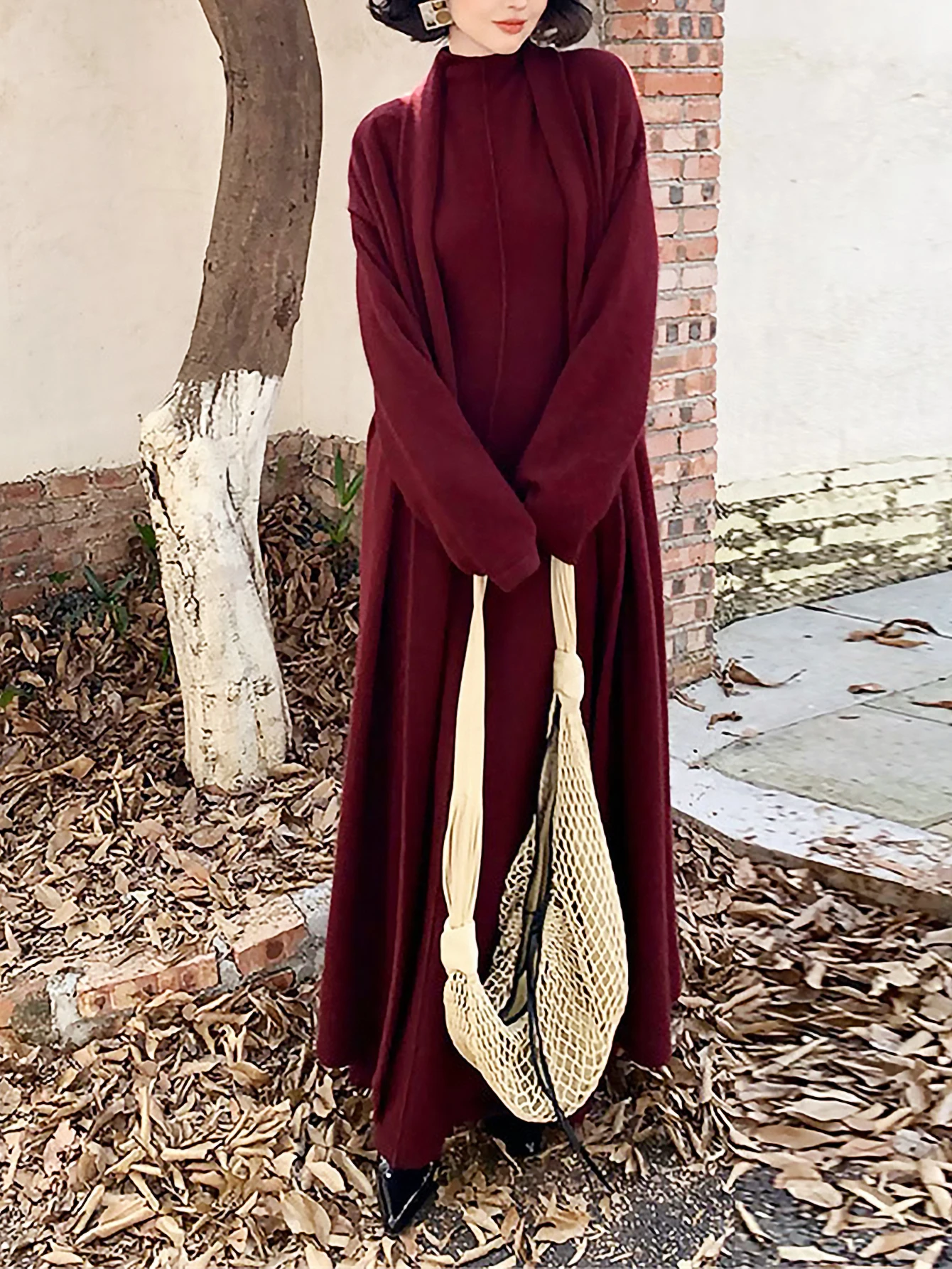 Women's Hong Kong Style Retro Long Knitted Cardigan Turtleneck Dress Set Elegant Sweater Suit for Autumn Winter