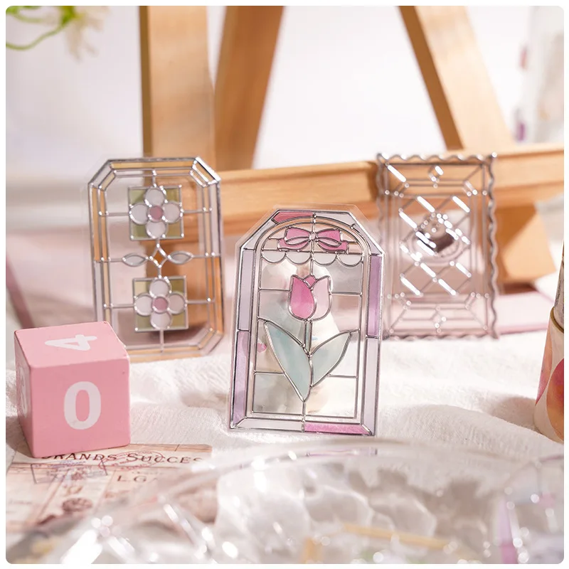 18 قطعة/ورقة ثلاثية الأبعاد الإغاثة اليابانية Kawaii الزجاج الملون ويندوز سلسلة DIY بها بنفسك ملصقات جمالية لطيف للإشارات المرجعية سكرابوكينغ