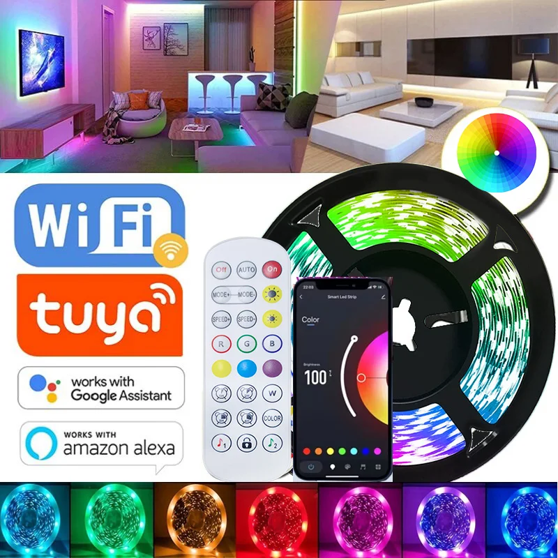 Tuya WiFi LED RGB Strip Lights Color Changing 5050 Led Lights Alexa Flexible Ribbon Luces for 5V USB TV BackLight Room Decor