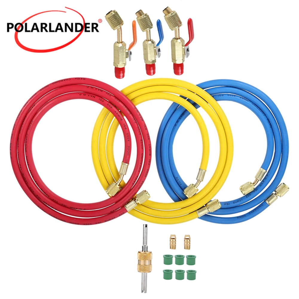 60 inch 3‑color R410A charging hose kit ball valve 800PSI high‑pressure 1 4 SAE thread for air conditioner maintenance