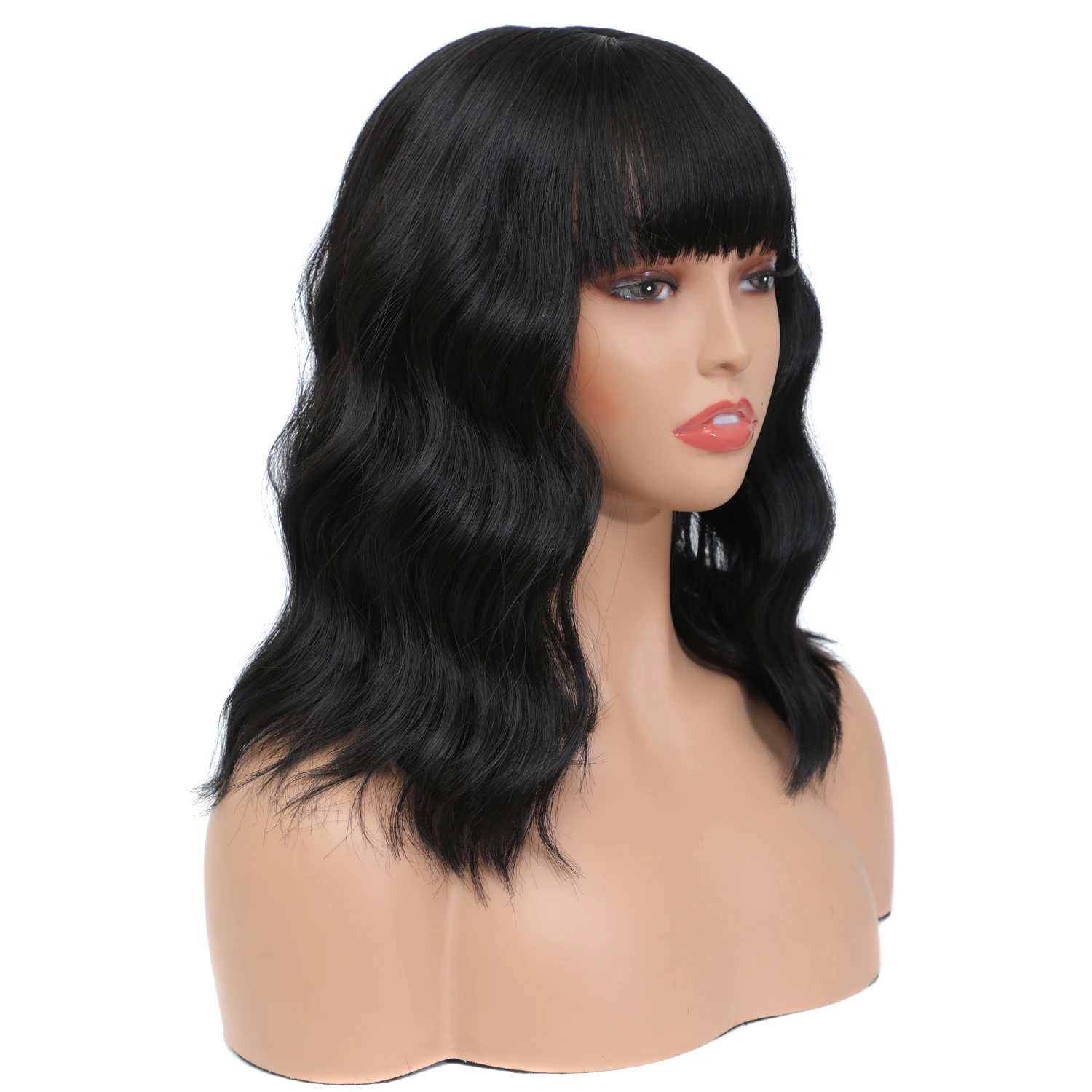 YunRong Short Black Wavy Bob Wigs With Bangs for Black Women Synthetic Shoulder Length Curly Wavy Wigs Natural Looking