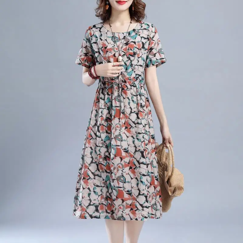 Women's Clothing Vintage Printed Midi Dress Fashion Round Neck A-Line Summer New Shirring Drawstring Casual Short Sleeve Dresses