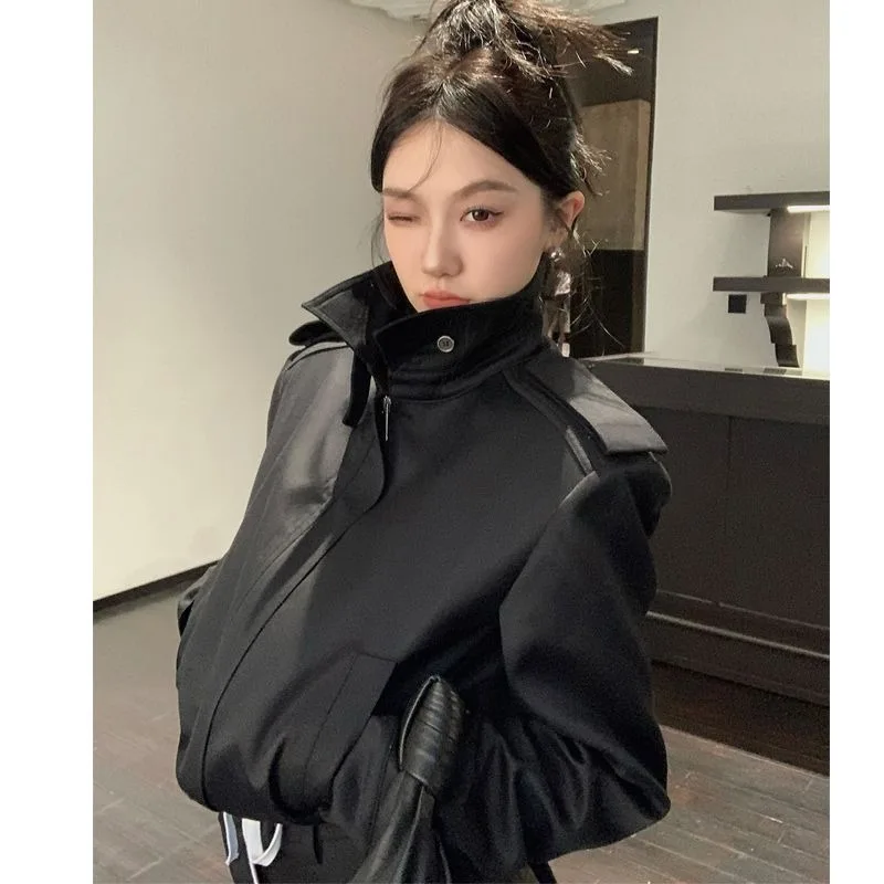 

Retro Fashion Stand Collar Black Broad Shoulder Jacket Women's Spring and Autumn New Hong Kong Style Casual Short Jacket Top