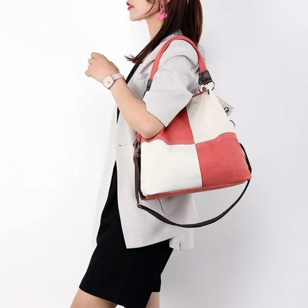 

Simple Design Retro Canvas Shoulder Bag Large Capacity Soft Shoulder Crossbody Bag Patchwork Style All-match Color-block Handbag