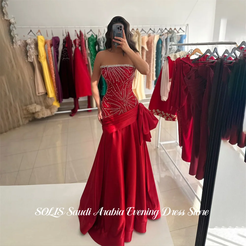 SOLIS Deep Red Prom Dresses Strapless Evening Dresses Beading On Chest Party Dress with Statement Bow Robe De Soirée Customized