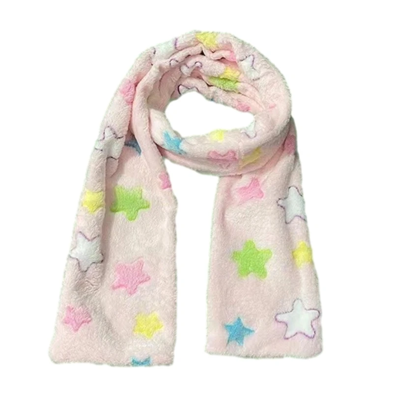 Women Colorful Star Pattern Scarf Winter Soft Thick Plush Long Warm Scarf Y2K Girls Casual Furry Neckerchief for Office School