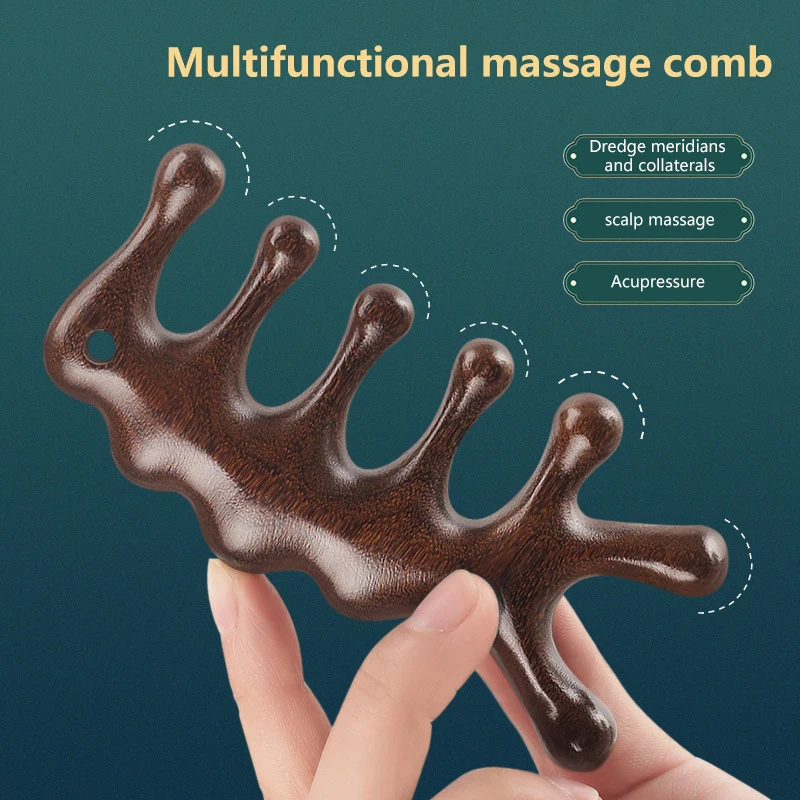 Five Teeth Sandalwood Massage Comb Head Face Nose Eye Shoulder Neck Scraping Comb Anti-static Anti-Hair Loss Meridian Massage