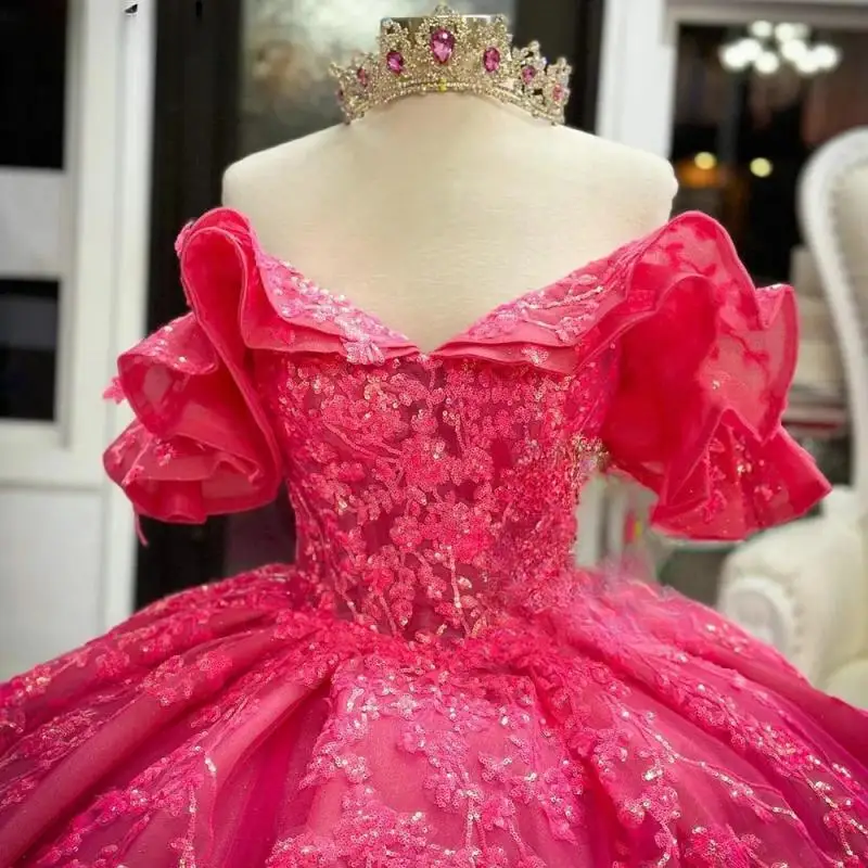 Vestido De baile De encaje con lentejuelas y volantes fucsia, quinceañera, corsé con hombros descubiertos, 15 Años