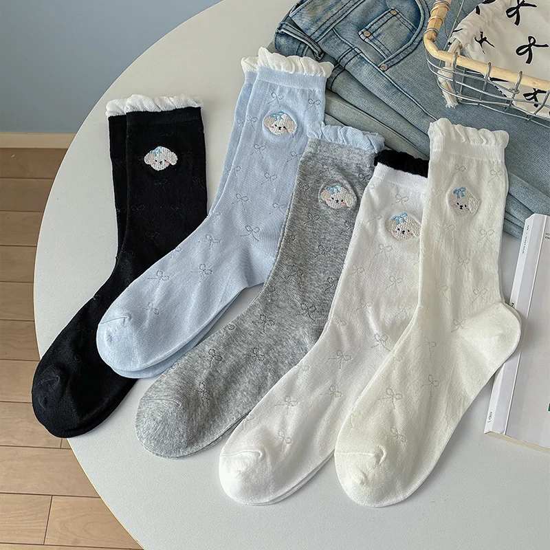 

5 пар женских хлопковых длинных носков с милой вышивкой собаки, тонкие дышащие дизайнерские милые хлопковые носки для женщин