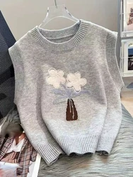 Preppy Style Sweater Vest Flower Embroidery Sleeveless Spring Autumn All Match Pullovers Fashion Sweet Casual Women's Clothing