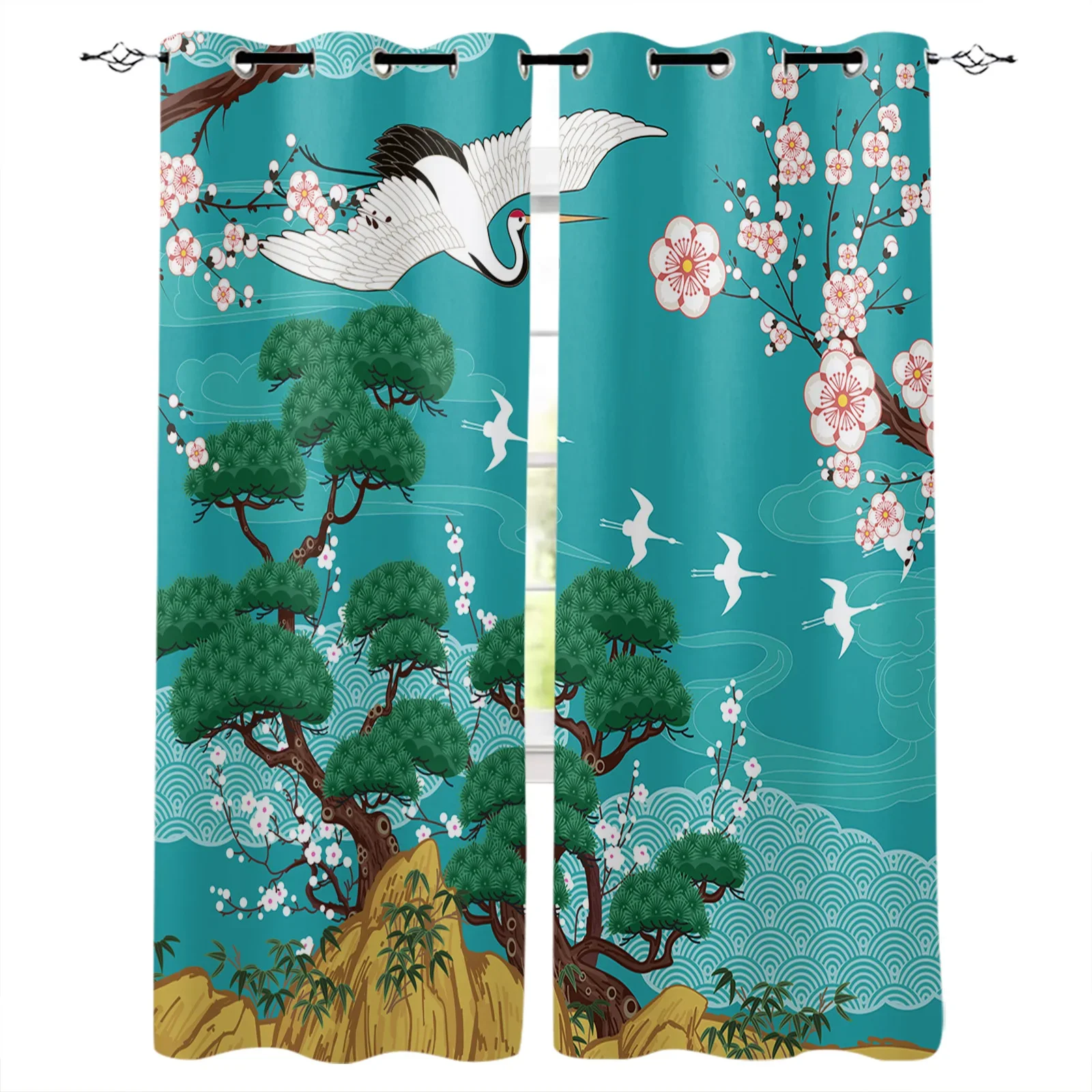 Japanese Style Crane Cherry Blossom Vintage Curtains for Living Room Kids Bedroom Window Curtain Hall Drape Long Cortinas