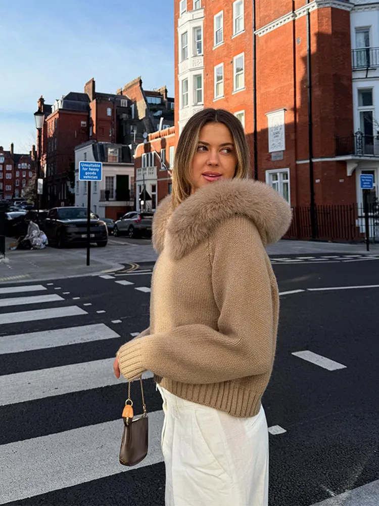 

Fashion Fur Collar Sweater Coat Women's Solid Long Sleeve Zippers Loose Pullover 2025 Autumn New Ladies Casual Office Tops