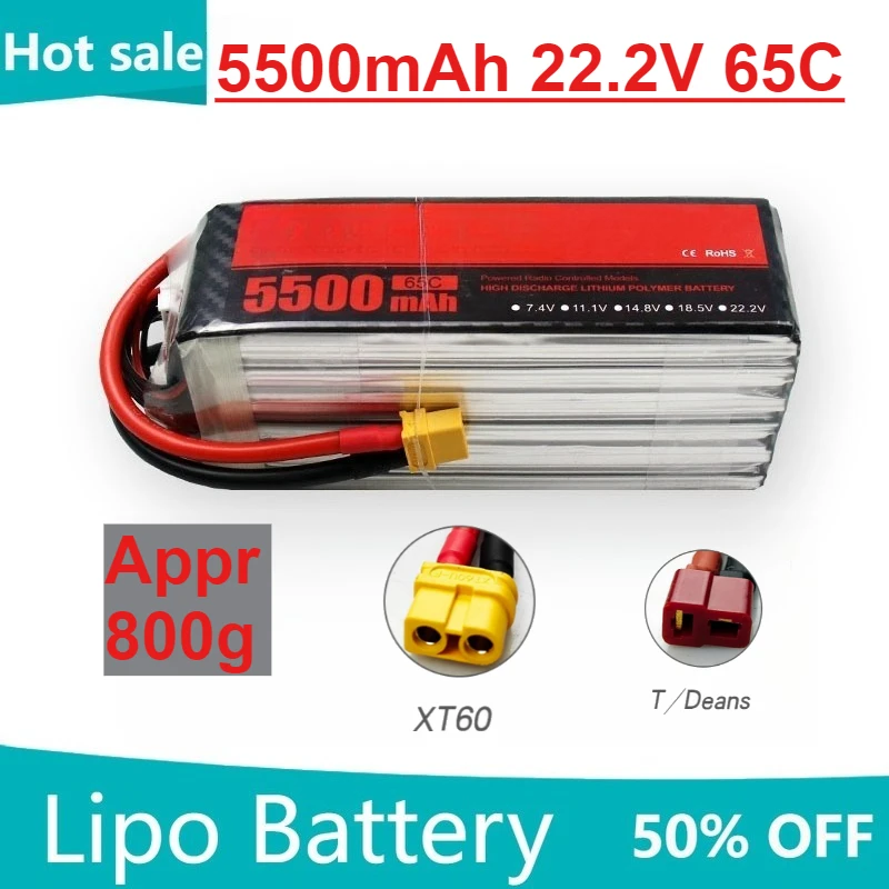 

5500mAh 22.2V 65C LiPo Battery with T/XT60 for RC Quadcopter Helicopter FPV Racing Drone Spare Parts 6s Rechargeable Battery