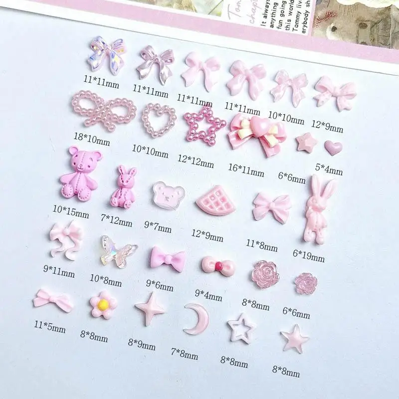 50PCS Minimalist Resin Bows Four-star Nail Charms Simulated Biscuit Cute Bear Head Rabbit Pink Series Nail Art Decorations DIY