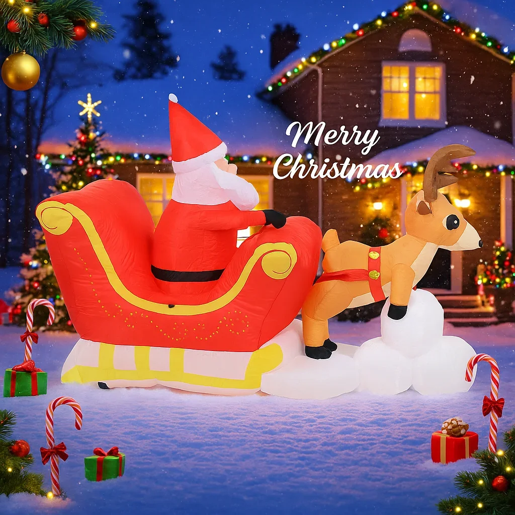 5.3FT LED Light Inflatable Yard Decor Santa Claus Reindeer Sleigh Xmas Toy Supplies Home Decor Ornaments Gifts Christmas Holiday