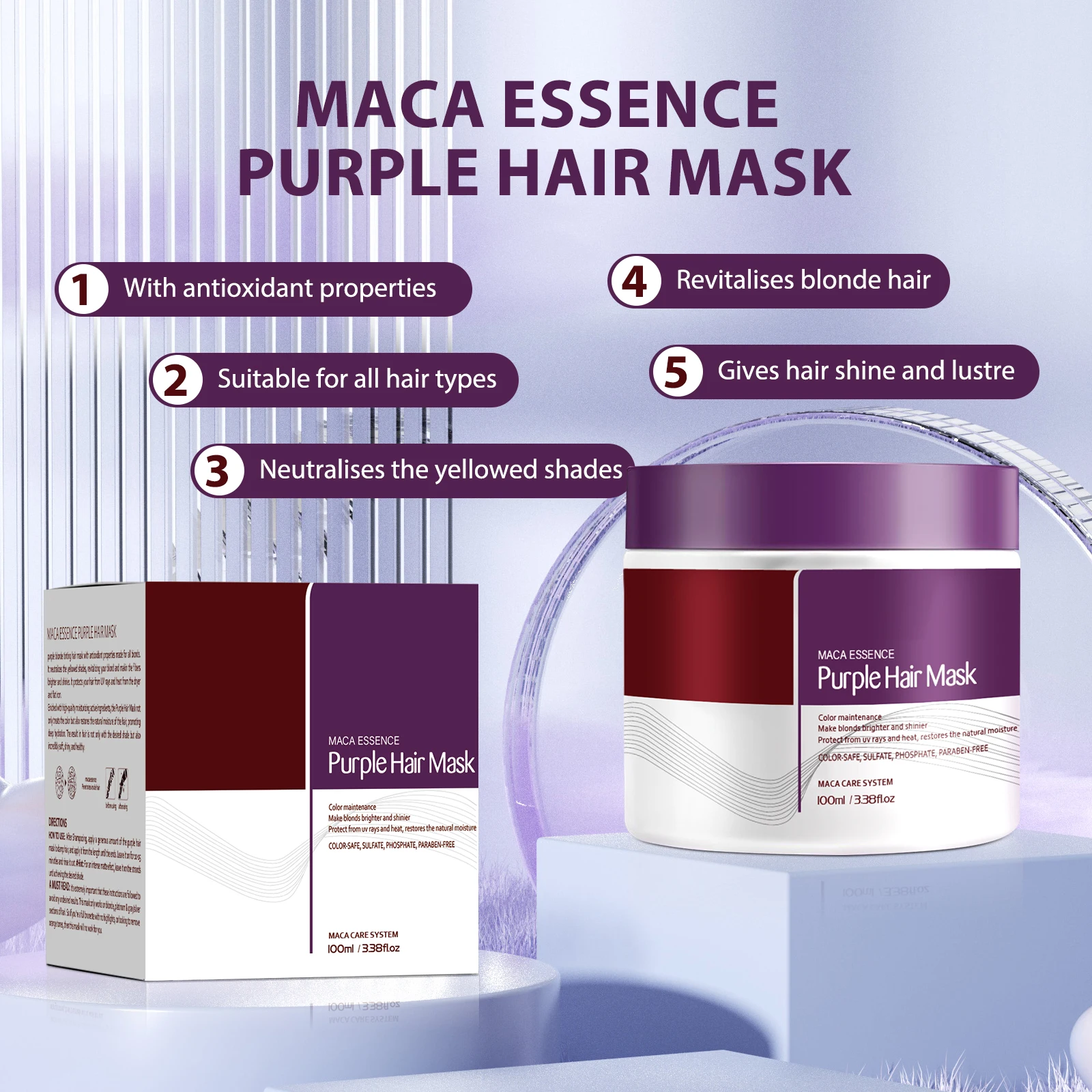 قناع الشعر الأرجواني من ماكا إيسنس 100 مل معالجة التنغيم للشعر الأشقر الفضي، صيانة الألوان، ترميم الرطوبة المشرقة #2