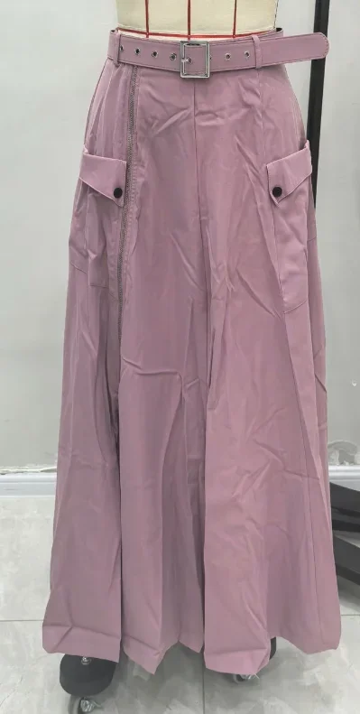 Workwear Long A Line Skirt for Women Personalized Street Autumn New Fashion Solid Color Zipper Design Slit Skirt with Belt