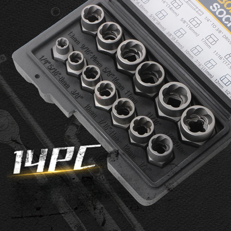 14pcs/box Socket Set Nut Extractor Reverse Tooth Sleeve Sliding Tooth Anti-theft Screw Bad Nut Rogue Removal Tool Herramientas