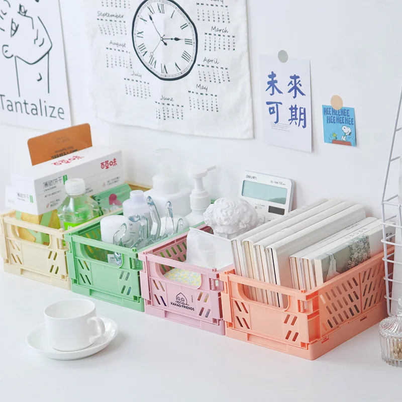 5 Color Organizing Storage Baskets Case Folding Student Desktop Basket Tape Stationery Plastic Foldable Container Storage Box