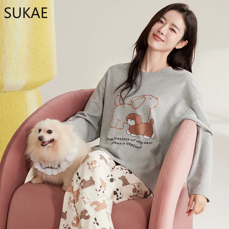 SUKAE Cute Cartoon Loungewear Women Autumn Spring Woman Pajama Set Pullover Long Sleeves Girl Nightwear Homesuit Mujer Sleepwear