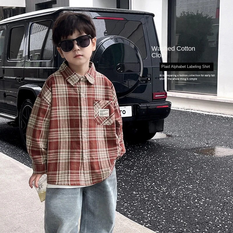 

Children cool children's Autumn 2024 Huzhou Zhili children's Korean baby coat letter label plaid boy's shirt 90-150CM