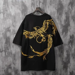 100%  Cotton Phoenix Embroidered China Style Oversized 2xl Summer Short Sleeve T Shirts Men Vintage Korean Harajuku Clothing Top