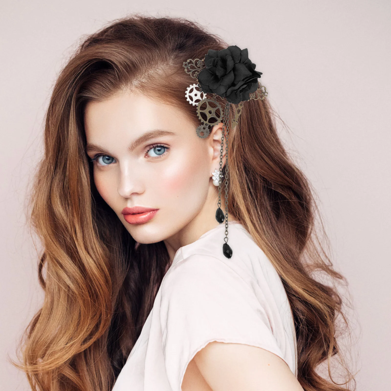 

Mechanical Gear Hair Clip Rose Design Steampunk Hairpin Durable Metal Alloy Gothic Accessories For Girls Party