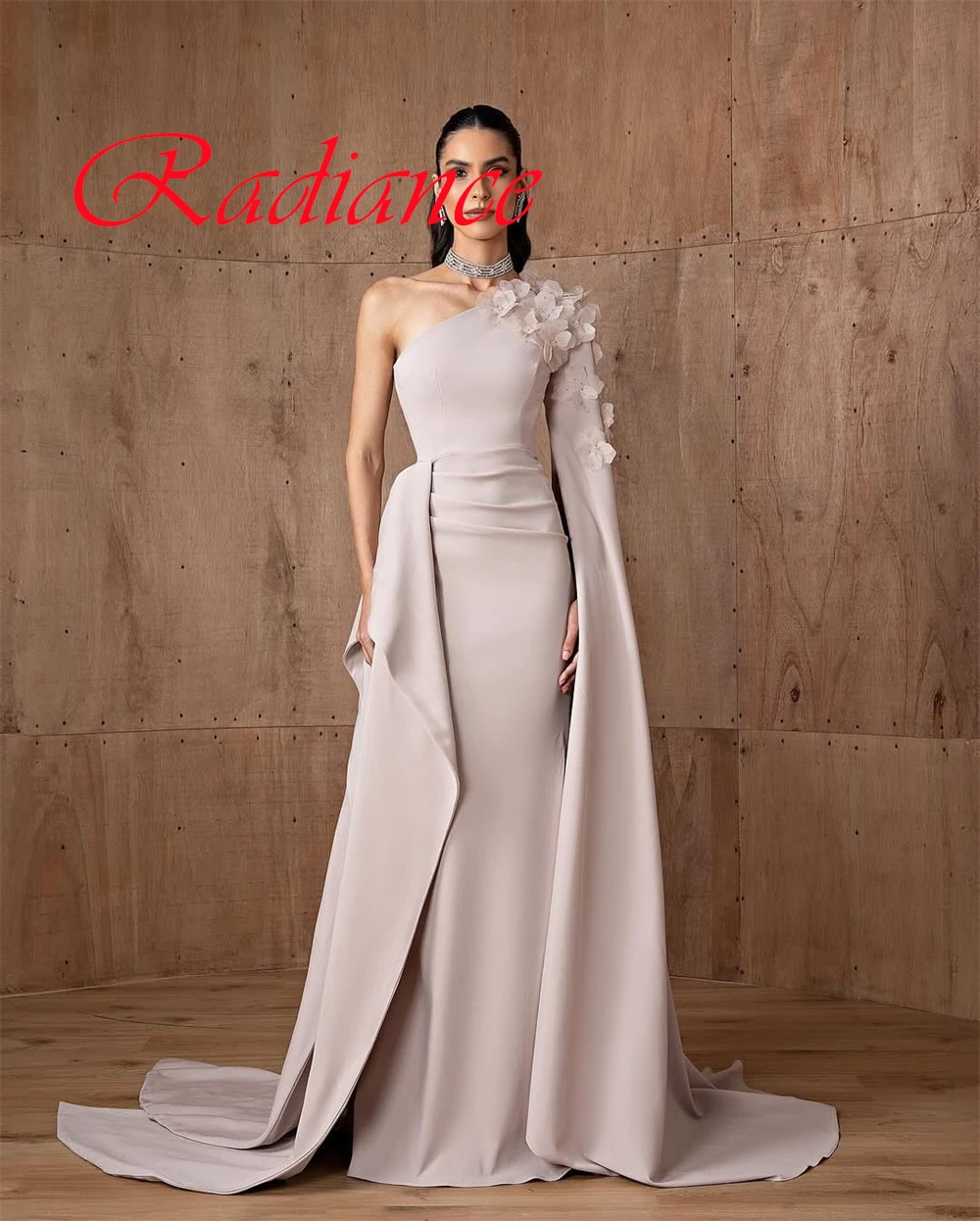 

Customized Elegant Light Purple Jersey Evening Dress Delicate One Shoulder Half Sleeves Zipper Back Flowers Homecoming Dress