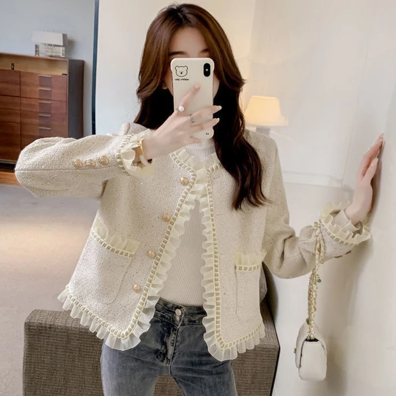 

Women Lace Ruffles Tweed Jacket Korean Fashion Long Sleeve Cropped Coat Elegant Ladies Single Breasted Luxury Design Outwear