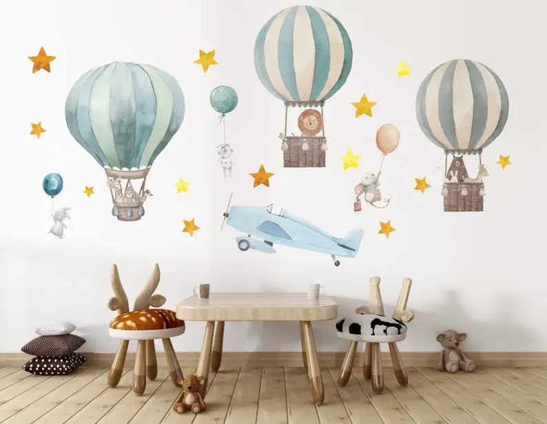 Hot Air Balloon Wall Decal for Kids, Nursery Wall Sticker, Removable Peel and Stick Wall Decal, Cute Animals Wall Decal