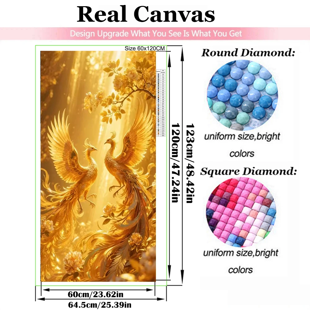 Gold Phoenix Lover Animals Bird 5D DIY Diamond Painting Kit,Full Drill Square Round Diamond Art,Diy Handmade Gifts Home Decor