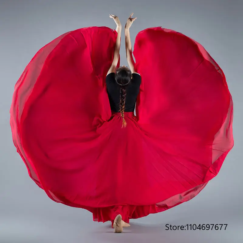 

High-end Chiffon Skirt 720 Degrees Ballet Belly Dance Women Gypsy Long Practice Wear Assorted Solid Pleated Maxi Skirt Pink Chic