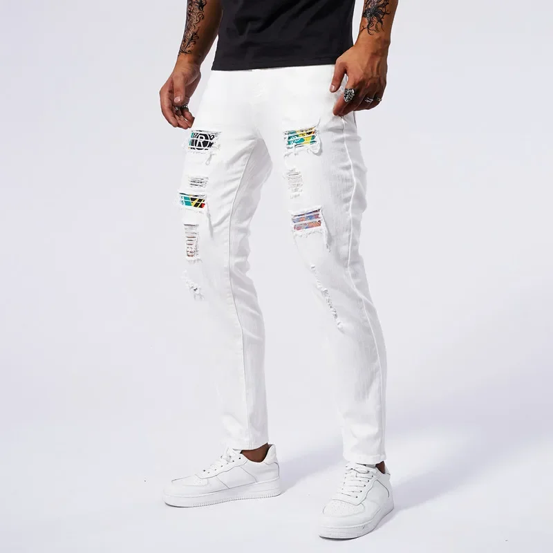 New Ripped Slim Jeans Men White 97% Cotton Patchwork Fashion Hole Elasticity Skinny Denim Trousers Male Streetwear