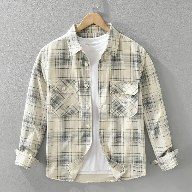 # 4439 Grau-Blaue Karierte Bedruckte Hemden für Herren 100% Baumwolle Vintage Hemden Langarm Loose Streetwear Cargo-Hemden für Männer Täglicher Frühlings-Look