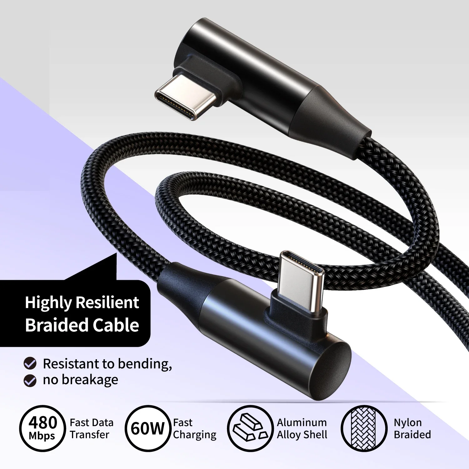 BCVS 2 Pack 60W USB-C to USB-C Fast Charging Cable 90 Degree Angled Cord for iPhone 16 15 S24 S23 iPad MacBook Pixel
