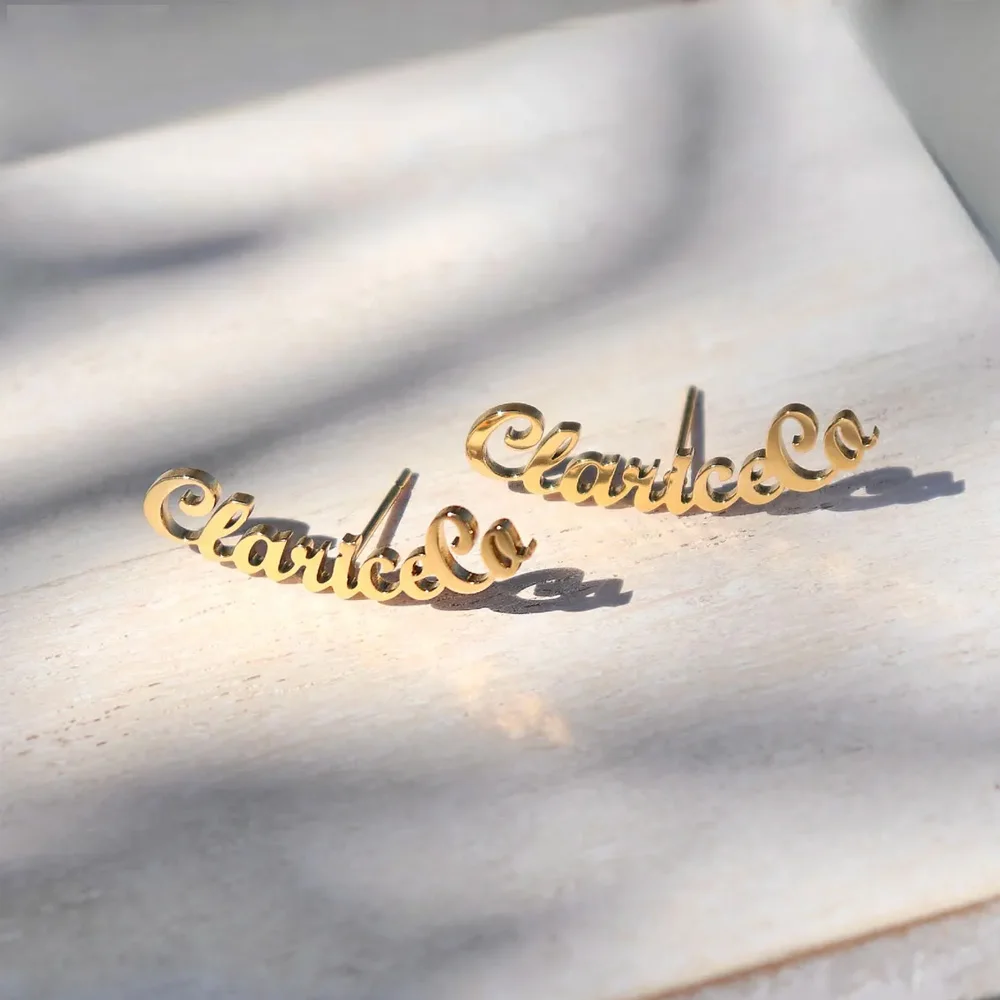 Haiyufly Personalized Custom Name Stud Earring for Women Girls Script Letter Earrings Stainless Steel Mother Kids Jewelry Gift