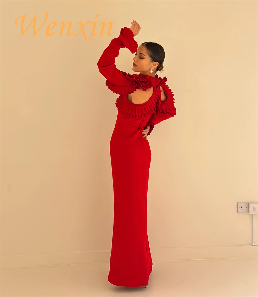 Robe de soirée en Jersey rouge Simple, personnalisée, col haut, manches longues, robes de soirée, robes d'occasion spéciale