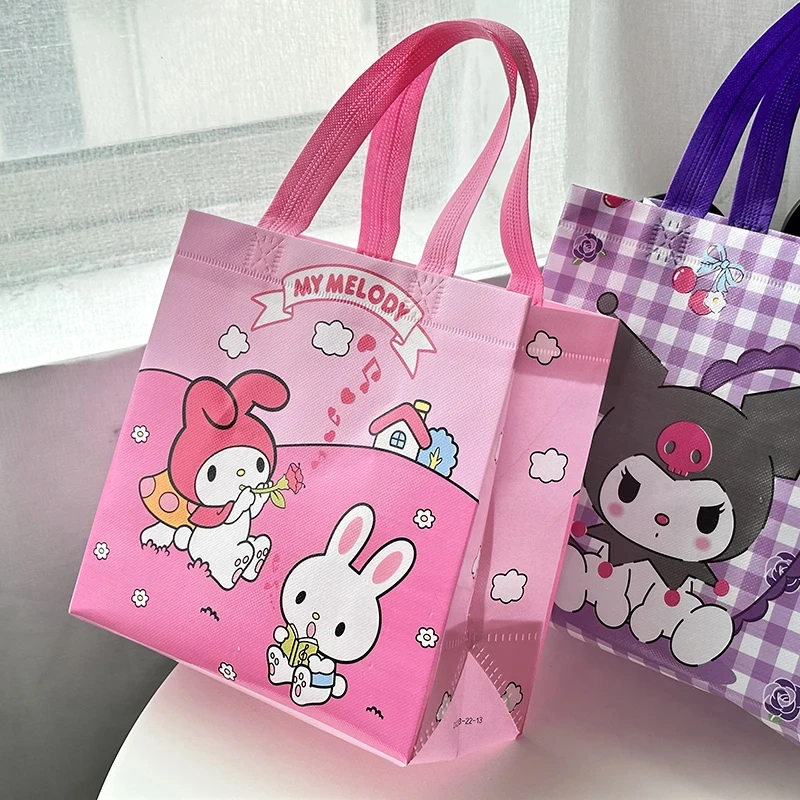 Sanrio Kuromi Bag Anime My Melody Cinnamoroll Large Capacity Printed Non Woven Fabric Handbag Storage Books Kawaii Kids Gifts