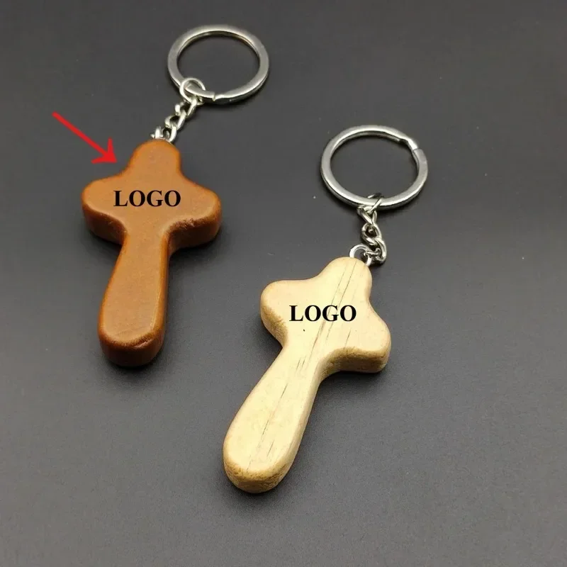 Personalized Wooden Cross Keychain with Custom Logo for Men Women Car Bag Key Ring Pendant Gift