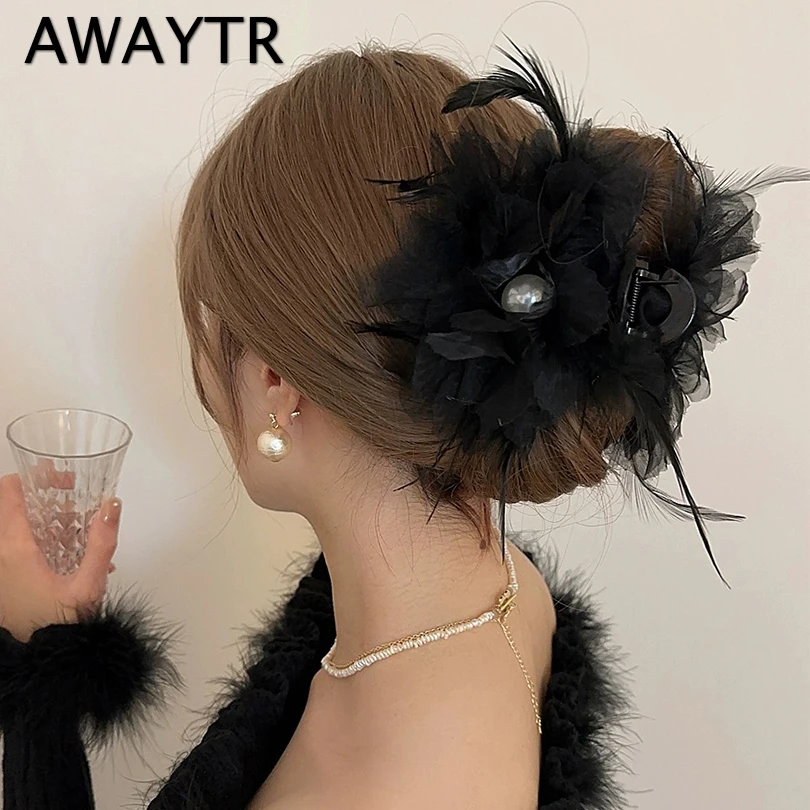 

AWAYTR Big Flower Feather Hair Claw Clips Women Girls Chiffon Flowers Ponytail Holder Hair Clamps Barrette Hair Accessories