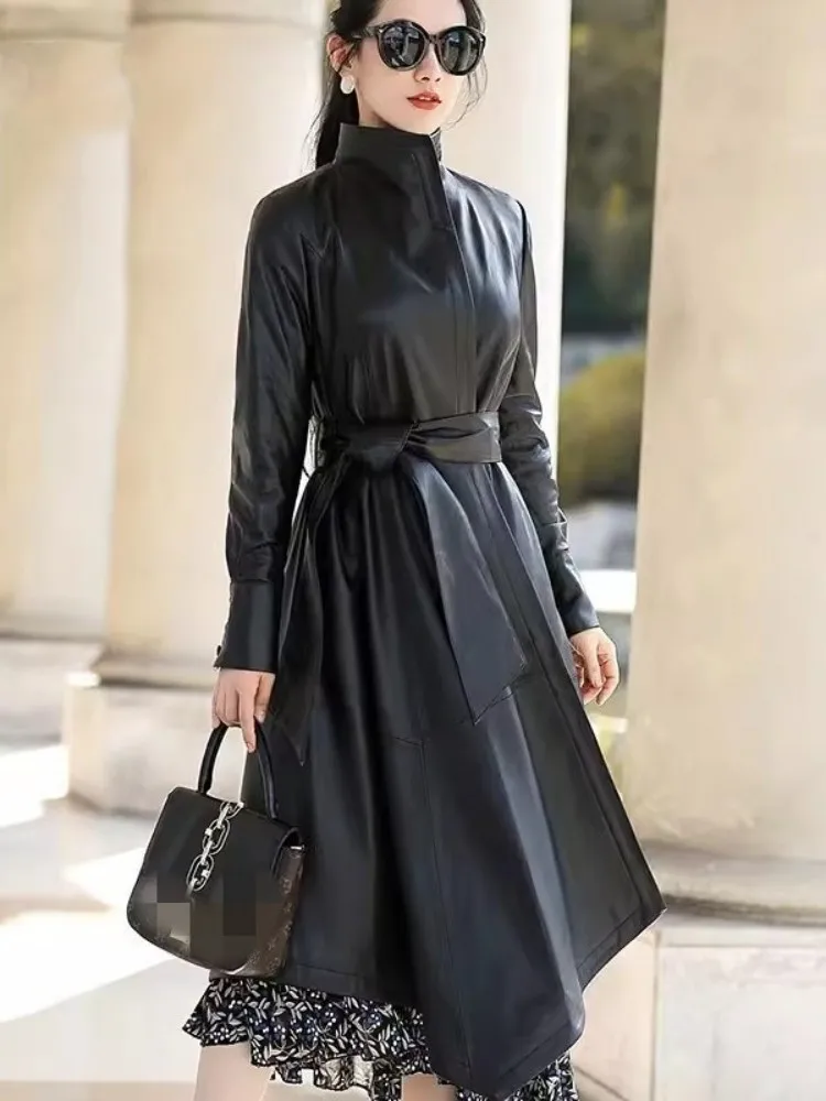 Manteau Long en cuir véritable pour femme, coupe-vent asymétrique, coupe cintrée, élégant, pardessus en peau de mouton véritable, automne et hiver