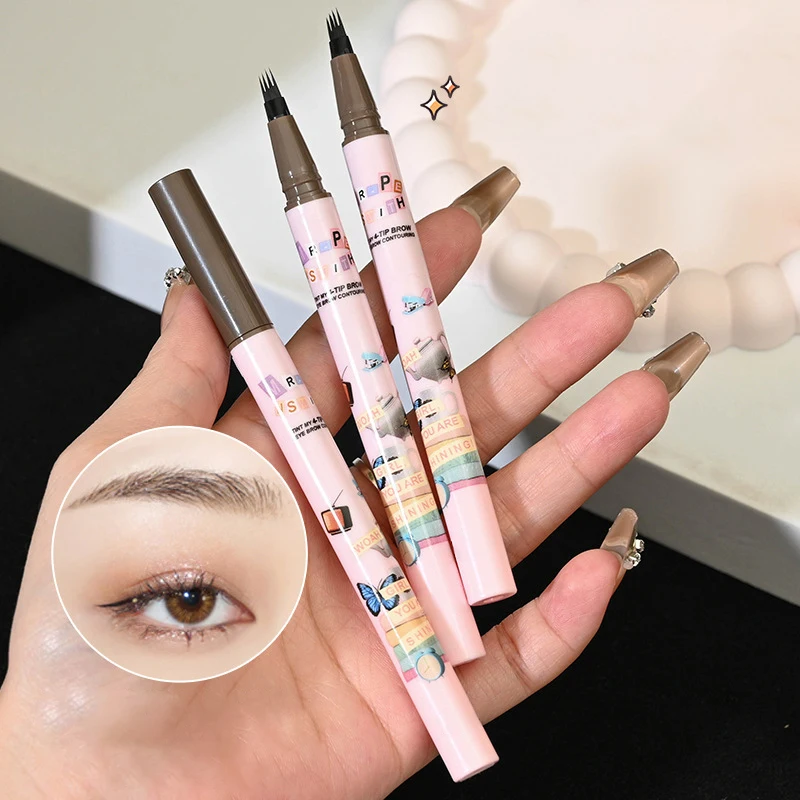 4 Tipped Precise Brow Pen with Fiber Micro-Fork Tip Applicator Creates Natural Brows Eye Eyebrow Makeup Long Lasting Waterproof