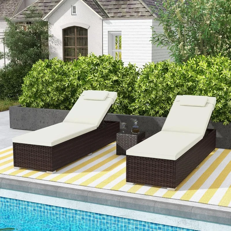 Patio Chaise Lounge Set of 2, Outdoor Rattan Lounge Chair with 6-Level Backrest, Comfy Seat Cushion & Headrest, beach chair