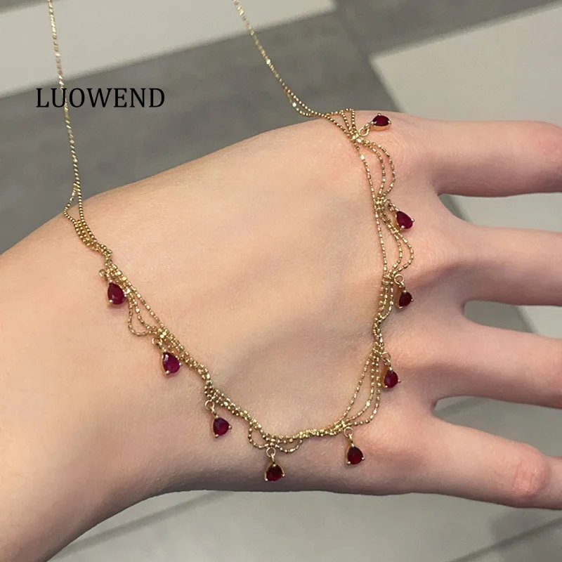 

LUOWEND 100% 18K Yellow Gold Necklace Vintage Lace Style Natural Ruby/Sapphire Gemstone Necklace for Women High Wedding Jewelry