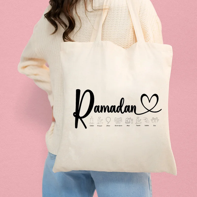 Ramadan Canvans Tote Bag for Female Party Prayers Bag Taraweeh Bag for Men and Women Eid Gift Travel Foldable Handbag for Ladys