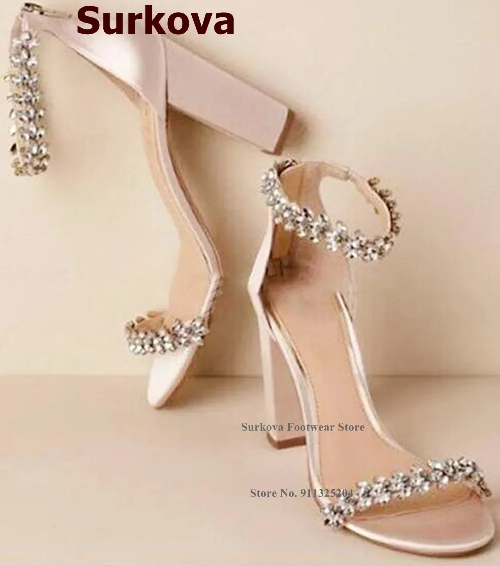 

Surkova Champagne Satin Chunky Heel Sandals Bling Bling Crystal Floral Wedding Shoes Shining Rhinestone Embellished Party Pumps