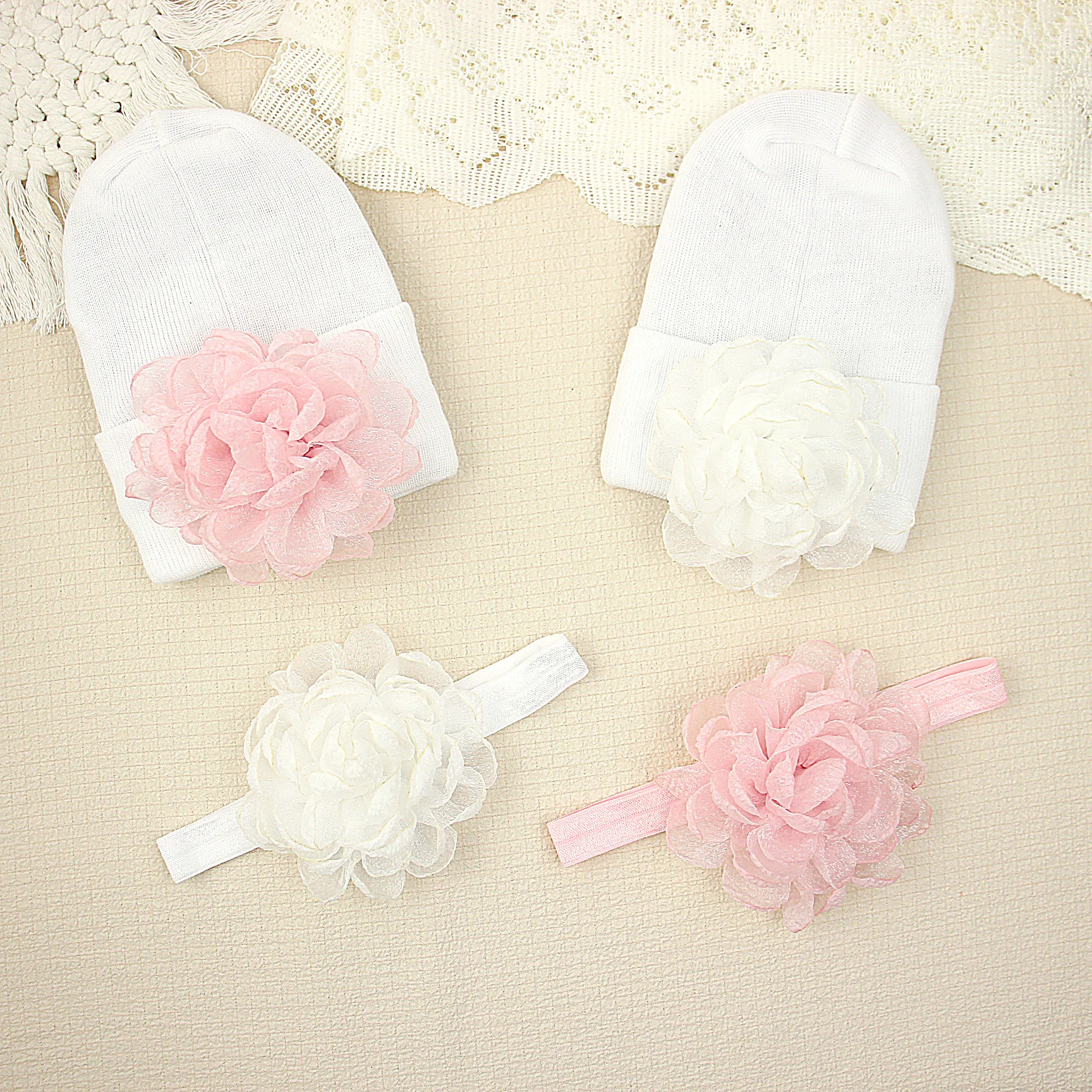 

0-6 Months Newborn Knitted Floral Hat Headband Set Infantil Beanie Flower Headwear Little Baby Hospital Cap Winter Warm Bonnet