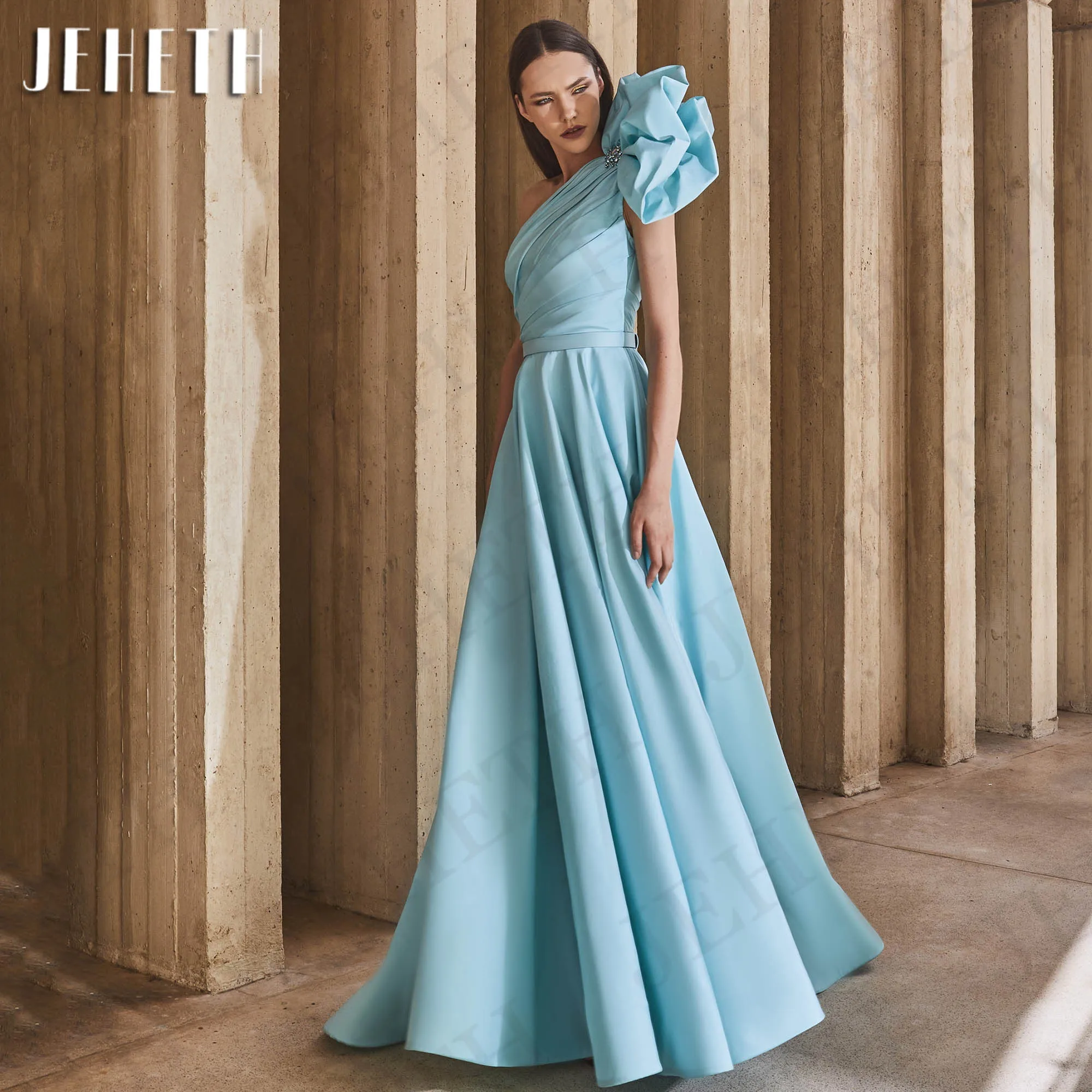 JEHETH Sky Blue One Shoulder Evening Dress Satin Elegant A Line Sleeveless Special Occasion Dresses abendkleid Sweep Train Women