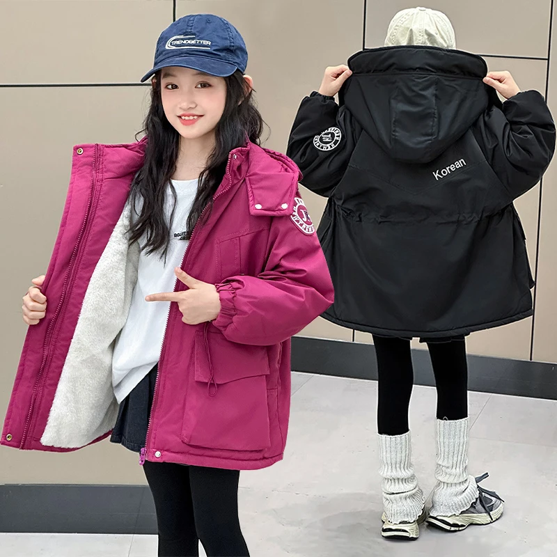 Girls' Winter Thermal Plush Cotton Jacket 5-14 Years Kids Casual Windproof Outdoor Sports Cargo Coat Hooded Thicken Outerwear